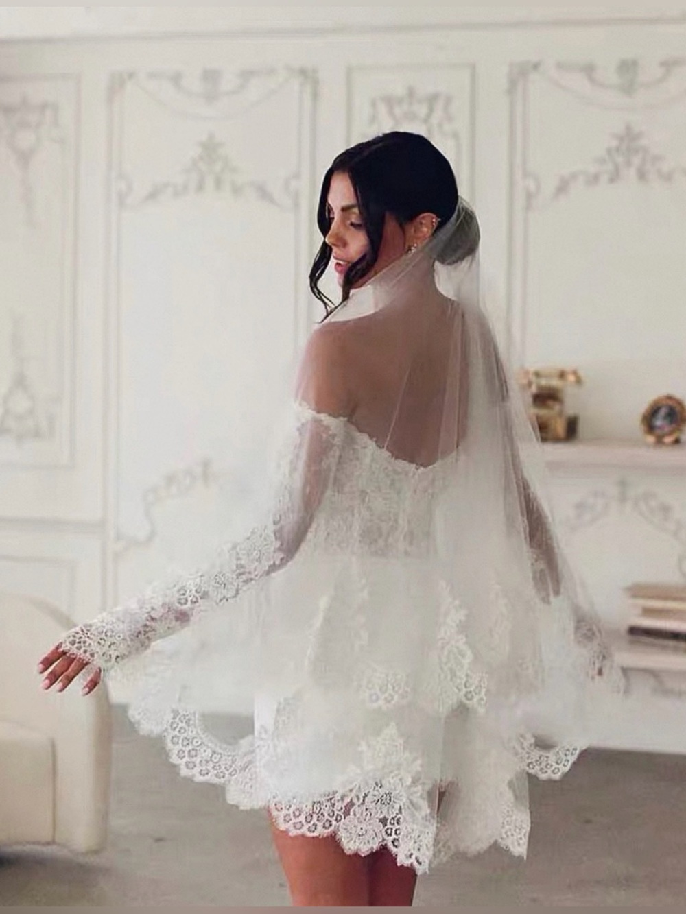 Two-Tier Floral Lace Wedding Veil with Comb